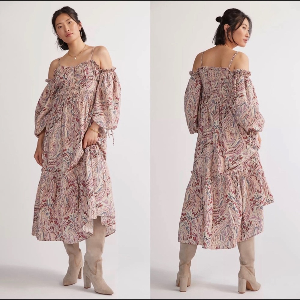 House of Harlow Bohemia Pink and Brown Tiered Bishop Sleeve Midi Dress